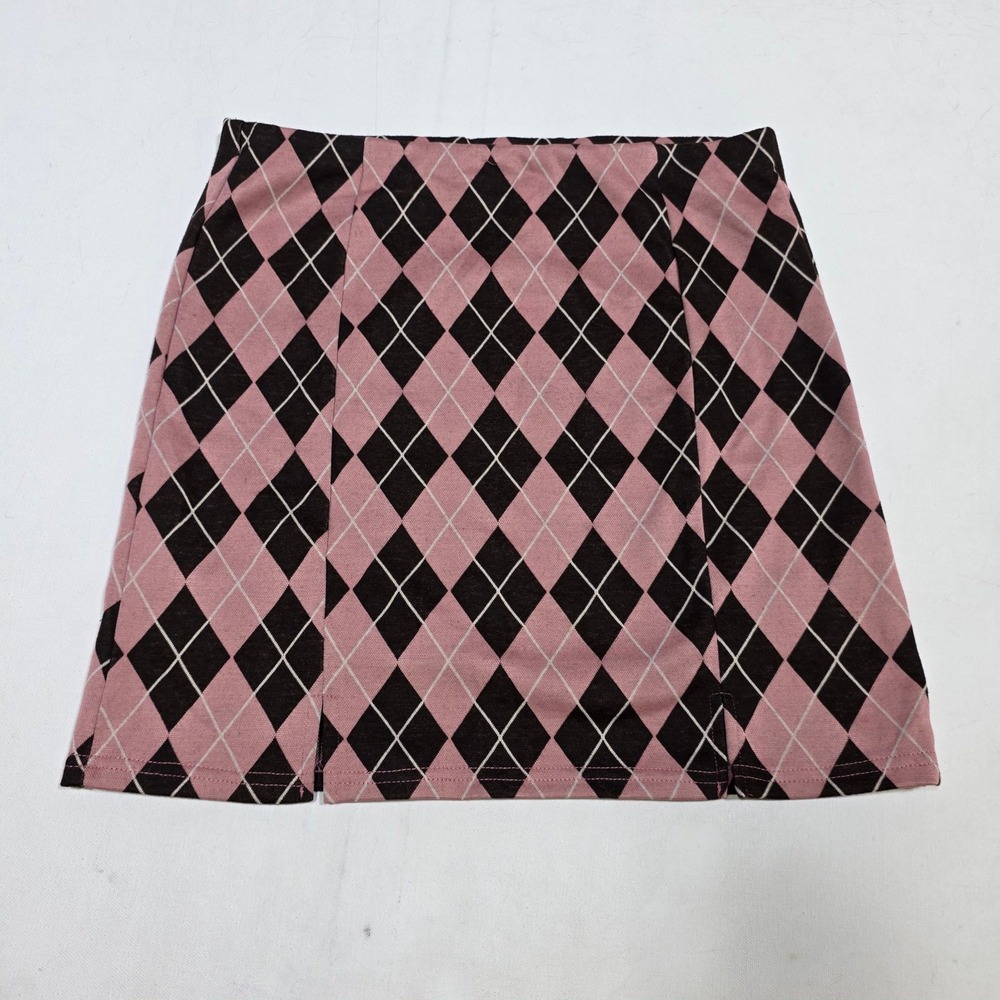 Hesperus Argyle Mini Skirt Women Large Pink Black Slit HS6634-PB Preppy Academia